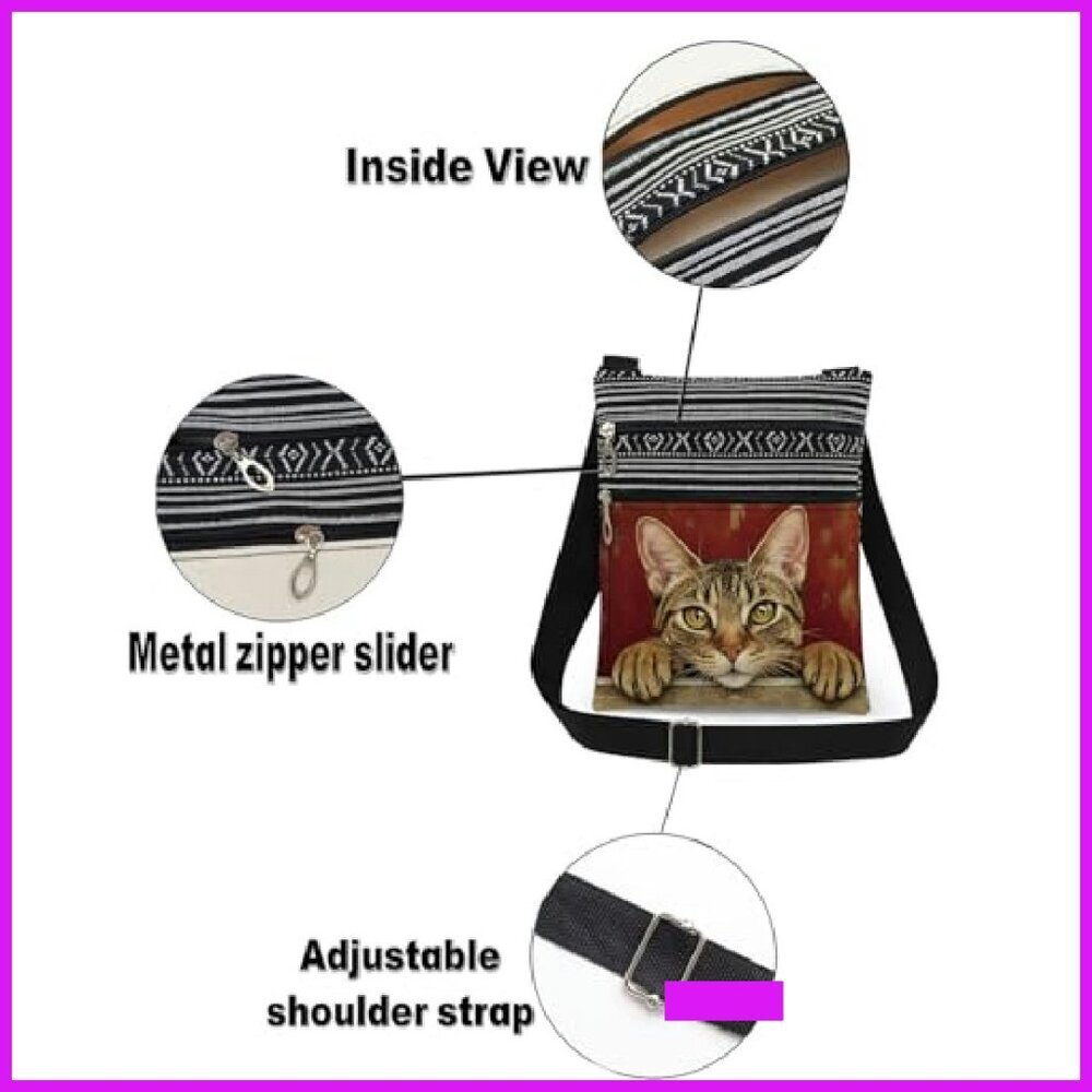 Adjustable Strap Crossbody Bag Minimal Chic Cat Print Dual Compartments - Picture 7 of 8